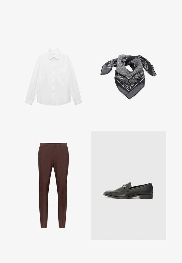 Mango ANTARES - Majica - white; Smeđe krojene hlače s ravnim prednjim dijelom, petljama za remen i jednim kopčanjem na dugme. Izrađene od glatkog materijala s ravnim krojem.; Crna kožna loafer cipela s glatkom finišem, s ušivenim uzorkom i dekorativnim metalnim lancem preko prednjeg dijela. Ravni potplat.; Crno-bijeli šal s uzorkom koji sadrži paisley i geometrijske dizajne, izrađen od lagane, prozračne tkanine s oštrim krajevima.