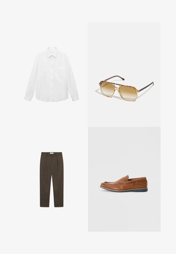 Mango ANTARES - Overhemd - white; Bruine geruite broek met plooien, gemaakt van een gestructureerd materiaal. Bevat een aansluitende tailleband en taps toelopende benen voor een professionele uitstraling.; Bruine leren instappers met een ronde neus, gestikte details en een lage rubberen zool. Het ontwerp heeft een band over de bovenkant.; Schildpad zonnebril met een rechthoekig montuur, bruin vervagende lenzen en slanke zwarte pootjes met subtiele logo-accenten.; Pier One SET - Horloge - black/brown