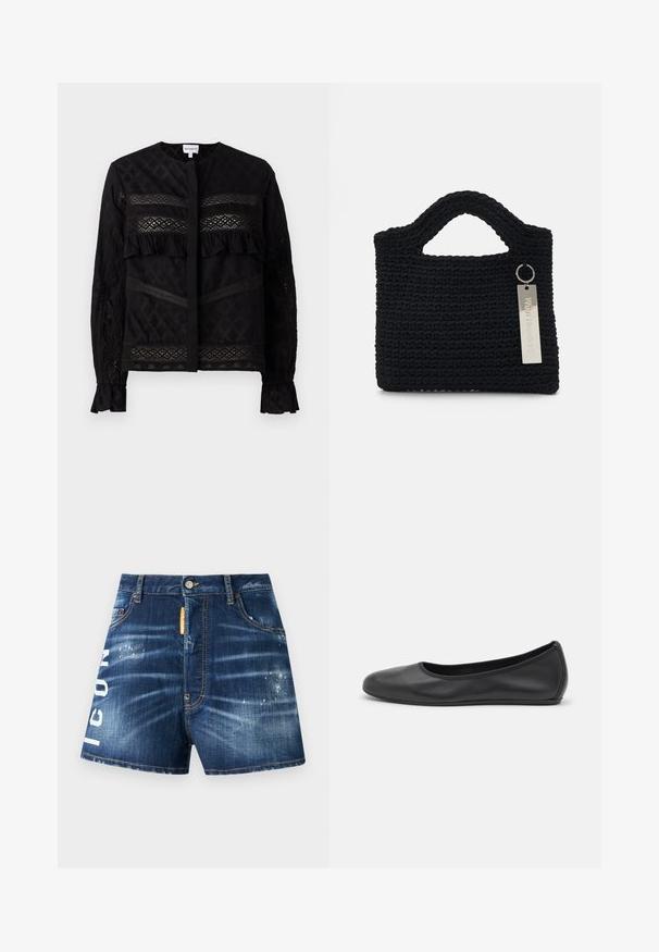 Blusa nera con colletto rotondo, caratterizzata da pannelli in pizzo trasparente, dettagli a ruches e motivi testurizzati. Maniche lunghe con polsini elastici.; Shorts in denim blu scuro con una finitura distressed, con la scritta bianca "ICON" sulla gamba sinistra e un'etichetta in tessuto arancione vicino alla vita.; Pantofole da balletto nere in pelle con punta arrotondata, texture liscia, dettagli di cucitura minimi e design con suola flessibile.; Won Hundred MARSIELLE COMPUTER BAG UNISEX - Borsa porta PC - black