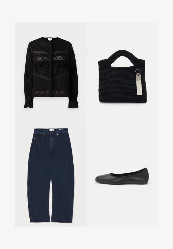 Black blouse with a round collar, featuring sheer lace panels, ruffle accents, and textured patterns. Long sleeves with elastic cuffs.; FRAME BAGGY BUBBLE - Relaxed fit jeans - dorado; Black leather ballet flat with a rounded toe, smooth texture, minimal stitching detail, and a flexible sole design.; Won Hundred MARSIELLE COMPUTER BAG UNISEX - Laptop bag - black