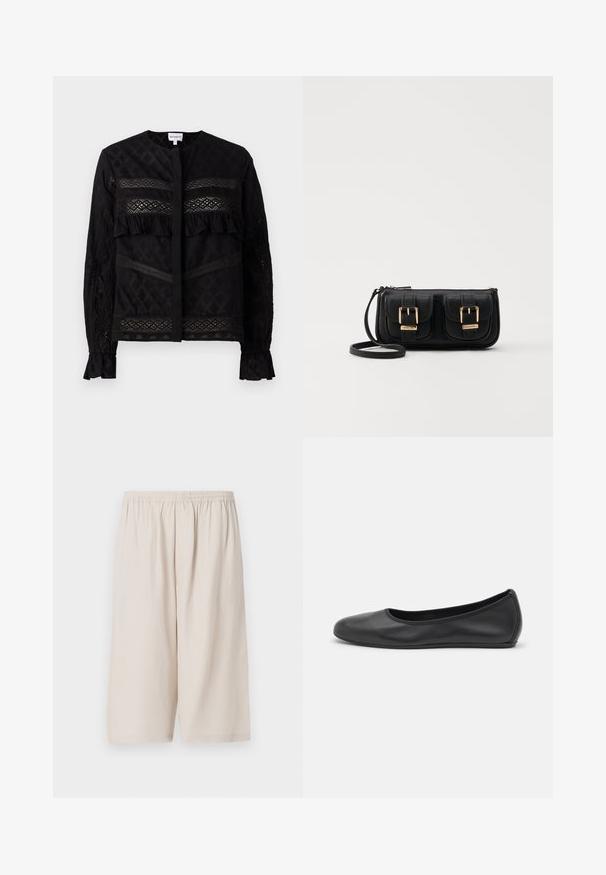 Čierna blúzka s okrúhlym golierom, ktorá má priehľadné čipkové panely, volánové akcenty a textúrované vzory. Dlho rukávy s elastickými manžetami.; Béžové šortky vyrobené z ľahkej tkaniny, s elastickým pásom, dĺžkou po kolená a hladkou textúrou. Jednoduchý dizajn bez vzorov.; Čierne kožené baleríny s okrúhlou špičkou, hladkým povrchom, minimálnym prešívaním a flexibilným dizajnom podrážky.; Čierna kožená crossbody taška s dvoma prednými vreckami, zlatými sponami, zipsovým uzatváraním a úzkym popruhom. Štruktúrovaný povrch a kompaktný obdĺžnikový tvar.