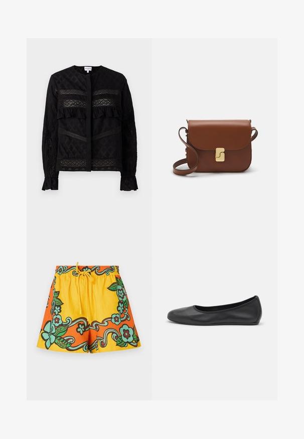 Juoda bluzonėlė su apvaliu apykaklėm, su permatomais nėrinių intarpais, raukšlėmis ir tekstūruotais raštais. Ilgos rankovės su elastingais rankogalais.; Geltoni ir oranžiniai šortai su žaliomis ir rudomis gėlių raštais. Elastinga liemens juosta su raišteliu, pagaminti iš lengvo audinio.; Juodai odiniai baletai su apvaliu pirštu, lygi texture, minimalus siuvimo detales ir lanksčiu padų dizainu.; Ruda odinė rankinė su uždaromu dangteliu, aukso spalvos detalėmis, petneša ir lygiu paviršiumi. Kompaktiška stačiakampio formos.