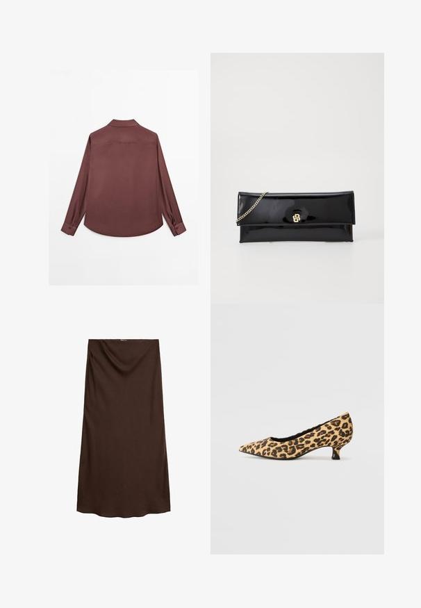 Langdurig overhemd van diep bordeauxkleurige stof. Gekenmerkt door een klassieke kraag, twee-knopsluiting bij de manchetten en een gebogen zoom. Glad textuur, minimalistisch ontwerp.; Bruine, knielange rok van gladde stof met een gedrapeerd ontwerp bij de taille. Heeft een rechte snit en een zachte textuur.; Marco Tozzi Klassieke pumps - beige; Zwarte gepatineerde leren clutch met een gouden schouderband, voorzien van een eenvoudig klepontwerp en een gepaäst logo aan de voorkant. Gladde, glanzende afwerking.