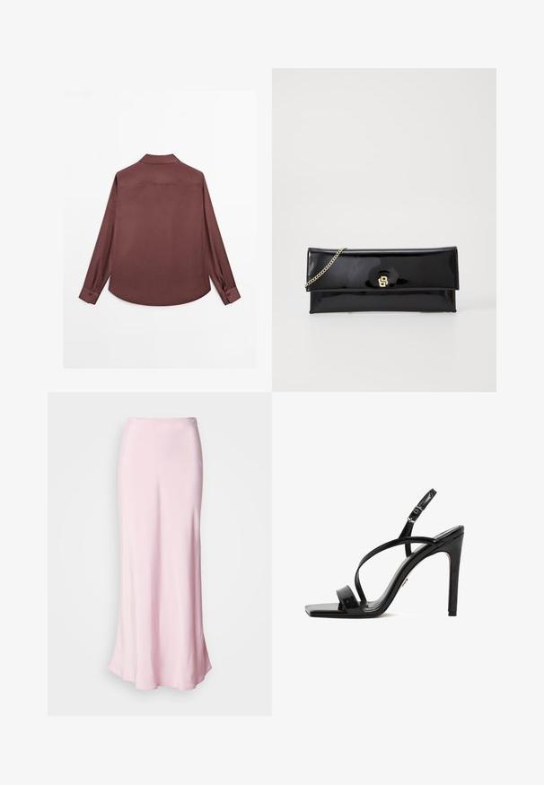 Koszula z długim rękawem w głębokim burgundowym kolorze. Posiada klasyczny kołnierz, mankiety na dwa guziki oraz zaokrąglony dół. Gładka tekstura, minimalistyczny design.; Różowa satynowa spódnica maxi o gładkiej fakturze, dopasowanym pasie i lekko rozszerzającym się dołem, z niewielkim dekoracyjnym guzikiem.; Czarne lakierowane sandały na obcasie z kwadratowym noskiem, eleganckim paskiem w kostce oraz krzyżującymi się paskami z przodu, z wysokim obcasem szpilką.; Czarna torebka kopertówka z lakierowanej skóry z złotym łańcuszkiem, charakteryzująca się prostym zapięciem klapowym oraz wytłoczonym logo z przodu. Gładkie, błyszczące wykończenie.