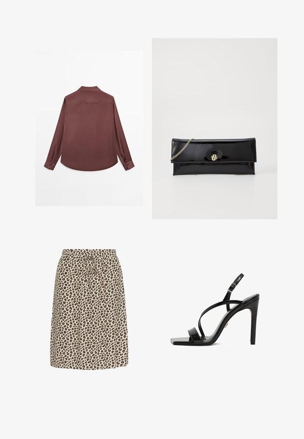 Langärmliges Hemd aus tief burgunderfarbigem Stoff. Mit klassischem Kragen, Zwei-Knopf-Manschetten und abgerundetem Saum. Glatte Textur, minimalistisches Design.; Beige Rock im Leopardenmuster, mit elastischem Bund und Zugband. Hergestellt aus leichtem Stoff mit weicher Textur.; Schwarze Lackleder-Blockabsatzsandalen mit quadratischer Zehenpartie, eleganten Knöchelriemen und überkreuzten Vorderriemen sowie einem hohen Stiletto-Absatz.; Schwarze Lackleder-Clutch mit goldener Kettenriemen, einem schlichten Klappen-Design und geprägtem Logo auf der Vorderseite. Glatte, glänzende Oberfläche.