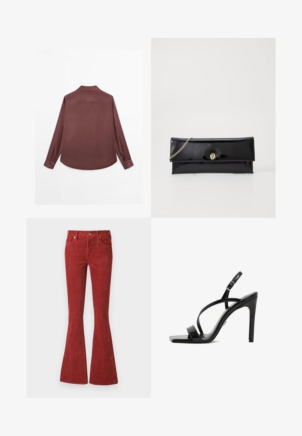 Langdurig overhemd van diep bordeauxkleurige stof. Gekenmerkt door een klassieke kraag, twee-knopsluiting bij de manchetten en een gebogen zoom. Glad textuur, minimalistisch ontwerp.; Rode corduroy flared jeans hebben een hoge taille, een sluiting met een knoop aan de voorkant en twee zakken. De stof heeft een gestructureerde afwerking met verticale strepen.; Zwarte patenten leren sandalen met hak, voorzien van een vierkante neus, een slanke enkelband en kruislingse voorbanden met een hoge stiletto hak.; Zwarte gepatineerde leren clutch met een gouden schouderband, voorzien van een eenvoudig klepontwerp en een gepaäst logo aan de voorkant. Gladde, glanzende afwerking.