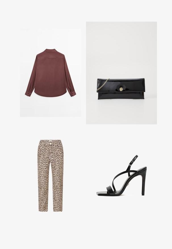 Chemise à manches longues en tissu bordeaux profond. Comprend un col classique, des poignets à deux boutons et un ourlet arrondi. Texture lisse, design minimaliste.; Un pantalon en imprimé léopard présente un fond beige avec des taches noires, une coupe droite et une taille classique avec une fermeture à bouton à l'avant.; Sandales à talons en cuir verni noir avec un bout carré, une fine bride à la cheville et des lanières croisées à l'avant, le tout reposant sur un talon aiguille haut.; Pochette en cuir verni noir avec une chaîne dorée, dotée d'un design simple à rabat et d'un logo embossé à l'avant. Finition lisse et brillante.