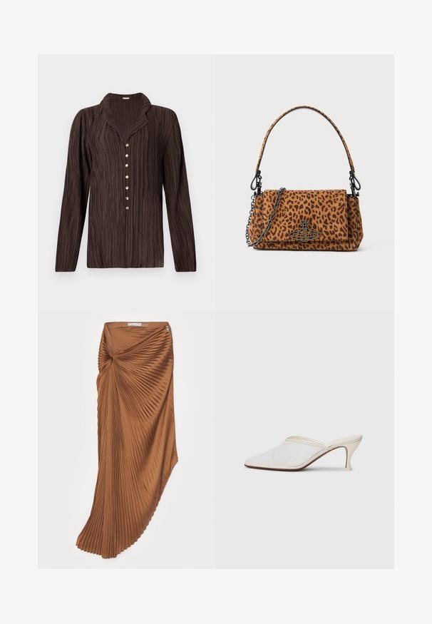 Hnědá dlouhá košile s dlouhými rukávy, která má texturovaný vertikální pruhovaný vzor, klopový límec a šest zlatých knoflíků vpředu.; Hnědá plisovaná sukně s designem na pase, která má hladkou texturu a boční zapínání na zip.; Bílé síťované psací muly s špičatou špičkou, štíhlým středně vysokým podpatkem a designem na nazouvání na jednobarevném pozadí.; Kabelka s leopardím potiskem vyrobená z semiše, s krátkým uchom, řetízkovým popruhem a černým kovovým zapínáním. Obdélníkový tvar s klopou.