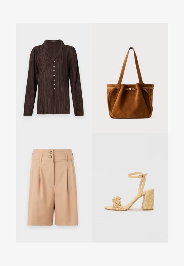 Brūna krekla ar garām piedurknēm, ar fakturētu vertikālo svītru rakstu, ar iegrieztu apkakli un sešiem zelta pogām priekšpusē.; Bēžas šorti ar augstu jostasvietu, divām priekšējām krokām un diviem pogu aizdariem jostasvietā. Audums izskatās gluds un strukturēts.; Bēšas augstpapēžu sandaļi ar pītas faktūras dizainu, kas ietver dekoratīvu ziedu un potītes siksnu. Kvadrātveida papēdis nodrošina stabilitāti.; Brūns zamšs tote soma ar divām roktēm, pogu aizdari un brīvu, nedaudz izplūdušu formu.