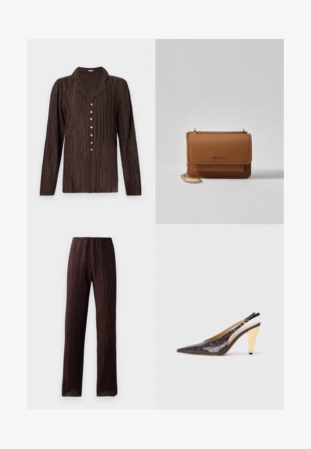 Pruun pika varrukaga shirt, millel on tekstuuriga vertikaalne triibumuster, lõigatud krae ja kuueteistkümnest kuldne nupud ees.; Pruunid laiad püksid, millel on pleeditud tekstuur, kõrge vöökoht ja voogav disain. Valmistatud kergest kangast. Ei ole nähtavaid kinnitusi.; Kitsas varbaga slingback konts tumepruunis läikivas kunstkrokodillinahast. Omab kuldse tooni geomeetrilist kontsa ja reguleeritavat pahkluu rihma.; Pruun tekstureeritud nahk ristkeha kott kuldse ahelaga rihmaga ja klapiga sulgemine. Esiküljel on logo detail ja tasku klapi all.