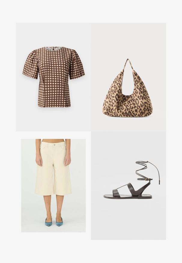 Hnědý a bílý kostkovaný top s krátkými nabíranými rukávy a kulatým výstřihem. Zahrnuje zip na zadní straně a hladký povrch látky.; Béžové zkrácené široké kalhoty vyrobené z denimu, se zapínáním na knoflík, poutky na opasek a předními kapsami; hladká, rovnoměrná textura.; Hnědé kožené sandály s plochou podrážkou, minimalistickým designem, zakřiveným páskem kolem kotníku a několika prořezy pro prodyšnost.; Taška s leopardím vzorem vyrobená z měkkého materiálu, s jedinečným trojúhelníkovým tvarem a velkým otevřeným držadlem a hladkým povrchem.