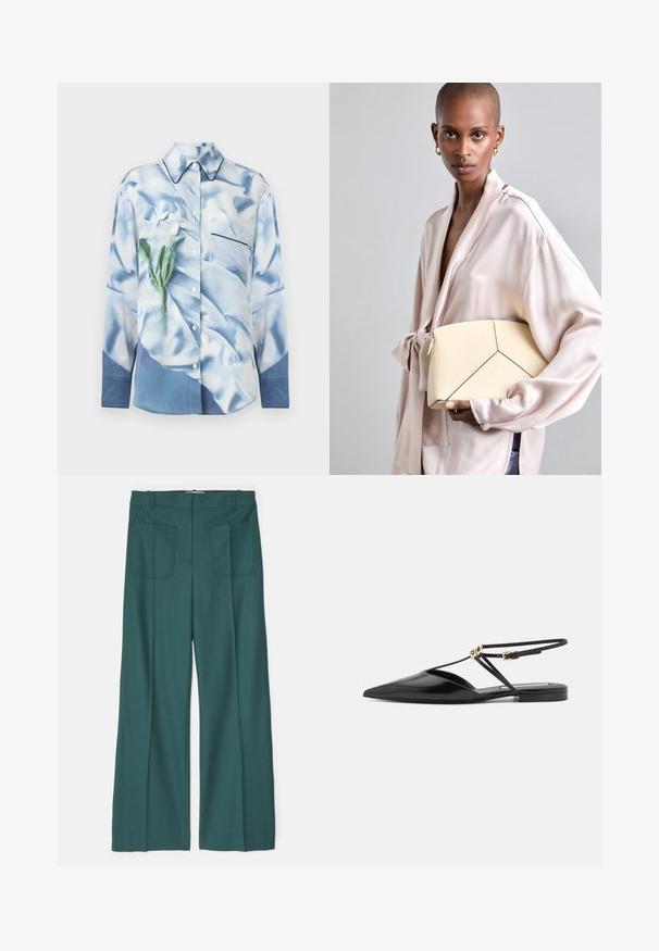 Šviesiai mėlyna satino marškiniai su gėlių raštu. Yra kišenė, smaigalio formos apykaklė ir kontrastingi juodi kraštai aplink kišenę.; Victoria Beckham ALINA TROUSER - Kelnės - seaweed; Victoria Beckham Sandalai - black; Kreminė struktūruota rankinė su kontrastingais juodais siūlėmis, turinti geometrinį dizainą. Lygus paviršius su auksiniais aksesuarais.