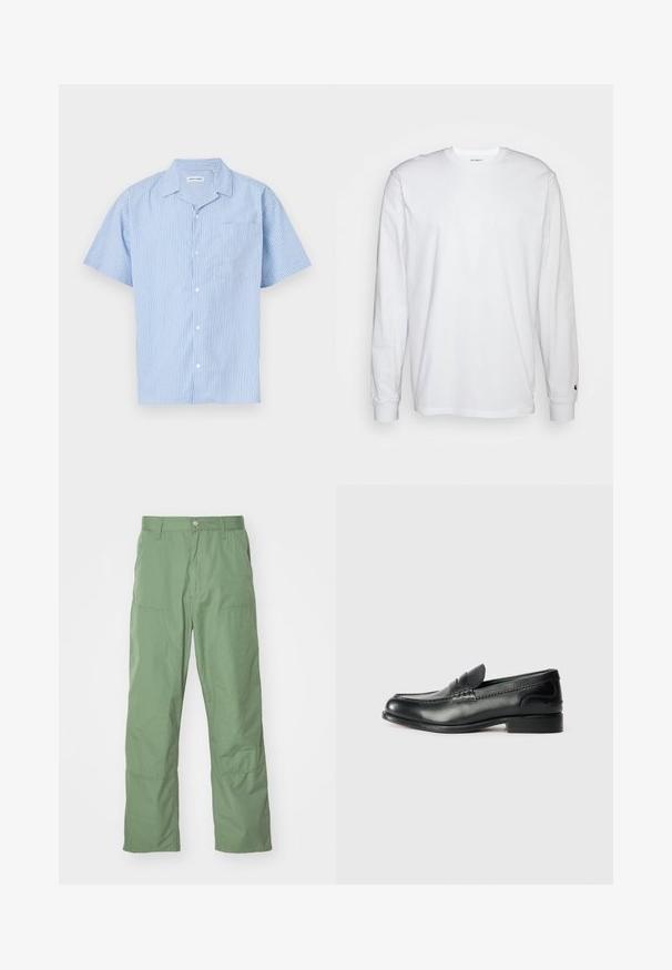 Košulja kratkih rukava svijetloplave boje s vertikalnim bijelim prugama. Ima ovratnik i džep s lijeve strane na prsima. Mekana tekstura materijala.; Bijela dugopruga majica s dugim rukavima od pamuka. Dizajn s okruglim izrezom, rebrastim manžetama i malim logotipom na lijevom rukavu. Glatka tekstura.; Svijetlo zelene hlače opuštenog kroja od glatkog materijala, sa bočnim džepovima i vidljivim šavovima. Punog su dužine s ravnim krojem.; Crne kožne mokasine s glatkom finisiranjem, šivanim detaljima duž gornjeg dijela i lagano povišenim petama.