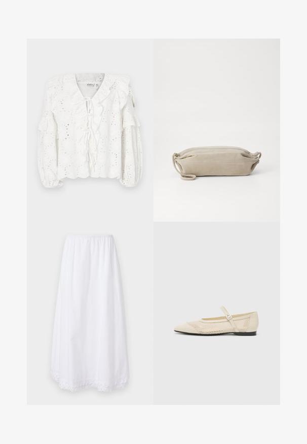 Valkoinen paita, jossa on silkkikangas, röyhelökaula-aukko ja hihat. Edessä on nauhakiinnitys ja teksturoitu pinta.; Valkoinen puuvillahame, jossa on joustovyötärö ja pitsireunus helman ympärillä, sekä valuva, polvipituinen malli.; Beige ballerinat kengät, joissa on terävä kärki,verkkomuotoilu päällyste ja sivuinen solkihihna. Tasapohja, jossa on sileä pinta.; Marimekko KARLA - Olkalaukku - light grey