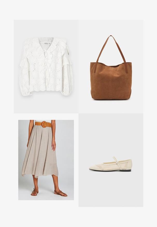 Weiße Bluse aus Lochstickerei, mit gerüschtem Ausschnitt und Ärmeln. Verfügt über eine Bindeschließe vorne und hat eine strukturierte Oberfläche.; Beiger A-Linien-Midirock aus strukturiertem Stoff, ausgestattet mit einem geflochtenen orangen Gürtel mit einer runden Schnalle und kombiniert mit braunen flachen Sandalen.; Beige Ballerinas mit spitzem Zeh, einer Überlagerung aus Netzdesign und einem seitlichen Schnallenriemen. Flache Sohle mit glatter Textur.; Braune Wildleder-Tote mit zwei langen Henkeln, die eine glatte Textur, ein einfaches Design und keine sichtbaren Beschläge oder Akzente aufweist.