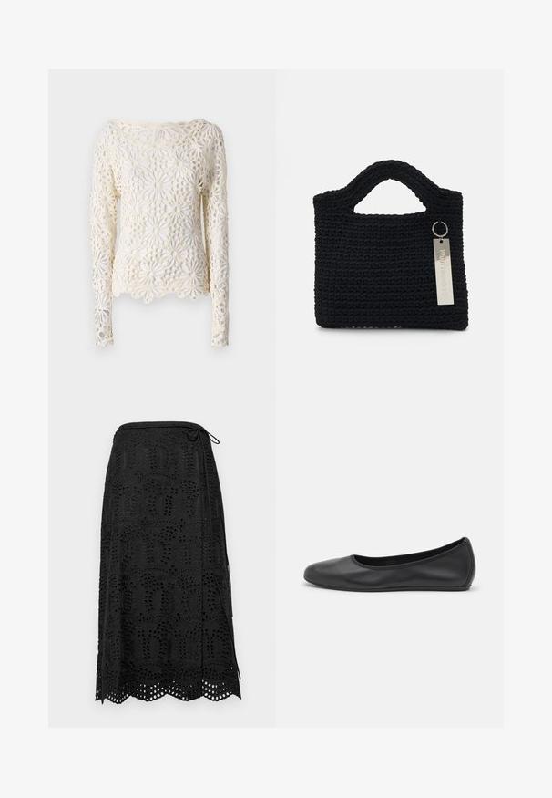 Norma Kamali Ilgarankovis viršutinės dalies drabužis - cream; Juoda sijonas su sudėtingu nėriniuotu akcentu, turintis banginį kraštą ir juosmenyje esančią raištelių uždarymą. Pagamintas iš lengvos medžiagos.; Juodai odiniai baletai su apvaliu pirštu, lygi texture, minimalus siuvimo detales ir lanksčiu padų dizainu.; Won Hundred MARSIELLE COMPUTER BAG UNISEX - Nešiojamojo kompiuterio krepšys - black