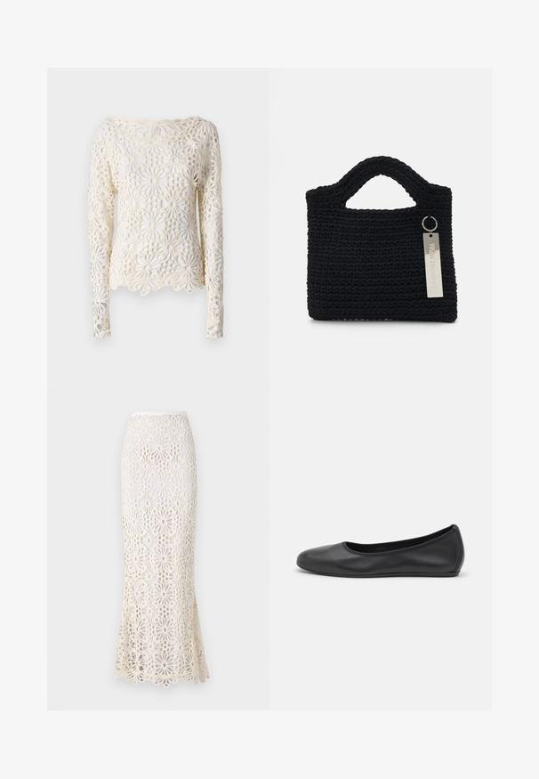 Norma Kamali Pitkähihainen paita - cream; Norma Kamali OBIE LONG SKIRT - Maksihame - cream; Musta nahkainen ballerina, jossa on pyöristetty kärki, sileä pinta, minimaalinen ommelkoristelu ja joustava pohjamuotoilu.; Won Hundred MARSIELLE COMPUTER BAG UNISEX - Tietokonelaukku - black