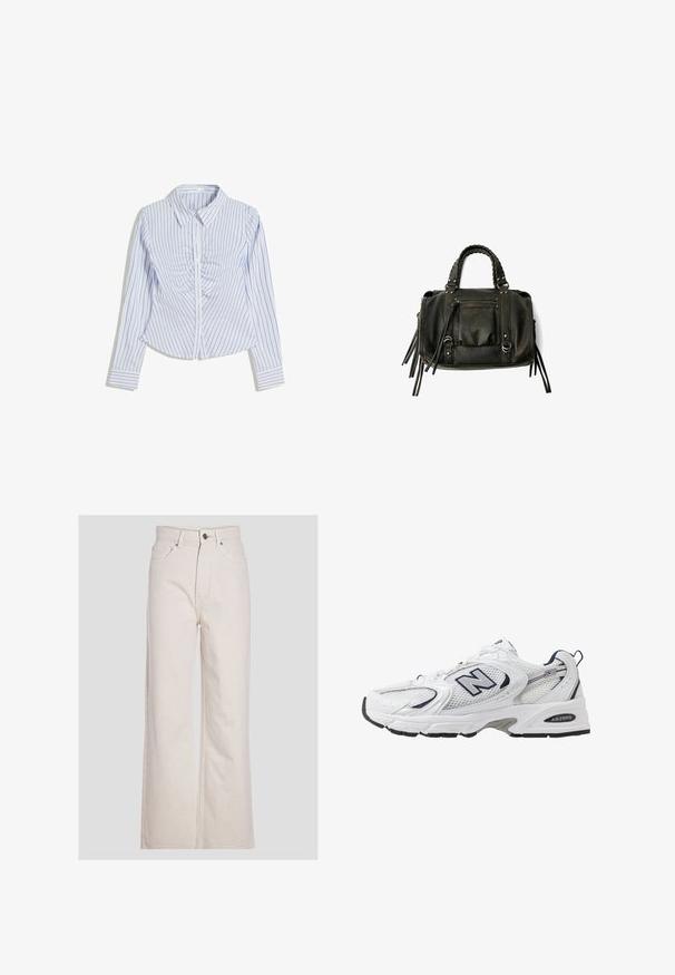 Chemise boutonnée en tissu léger, présentant des rayures verticales bleues et blanches, un col structuré et un détail froncé au centre devant.; Jean large beige en denim de coton, doté d'une taille haute, d'une fermeture à boutons sur le devant et d'un design standard à cinq poches.; B baskets blanches avec une tige en mesh, des accents bleu marine et une semelle rembourrée. Présente le logo "N", des lacets et un détail texturé sur le côté.; Sac à main en cuir noir avec des poignées tressées, une poche zippée et des glands suspendus. Surface texturée avec des clous en métal et des accents en métal.