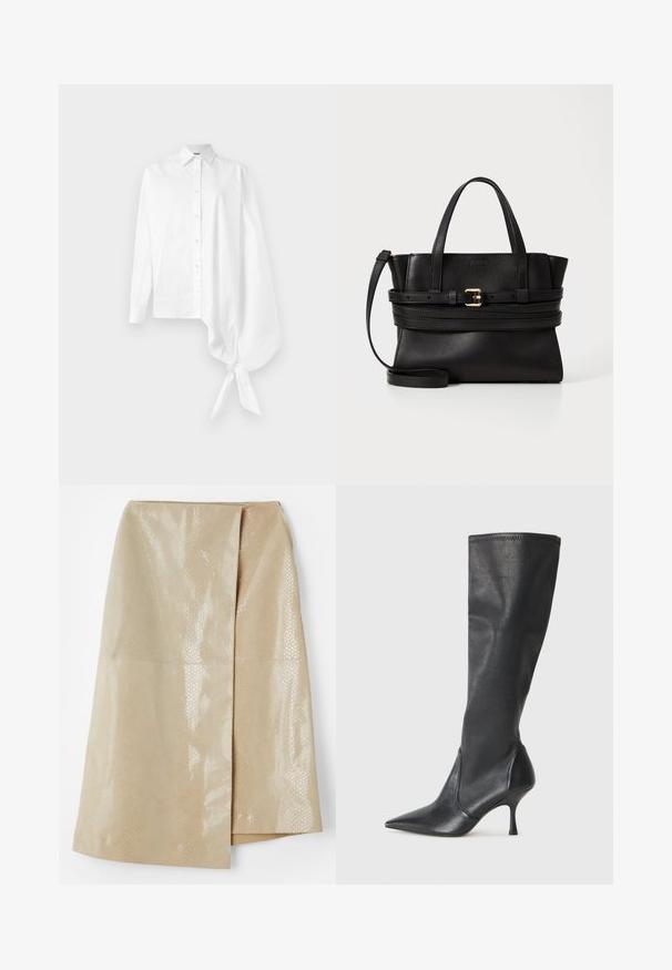 Balta garā piedurkne krekls ar pogu, ar asimetrisku pārspīlētu gathered piedurkni, kas sasieta ap plaukstu labajā pusē.; Beigā mākslīgās ādas svārku ar spīdīgu, teksturētu čūsku ādas rakstu; ar apvērsto dizainu un sānu plīsi, lai pievienotu detalizāciju.; Ceļa auguma melni ādas zābaki ar smailu purngalu un šauru stiletto papēdi. Gluda tekstūra ar pieguļošu dizainu un izšuvumiem augšējā malā.; Melna ādas rokassoma ar strukturētu dizainu, divām augšējām rokturiem, noņemamu siksnu un zelta sprādzi, kas akcentē horizontālo joslu.