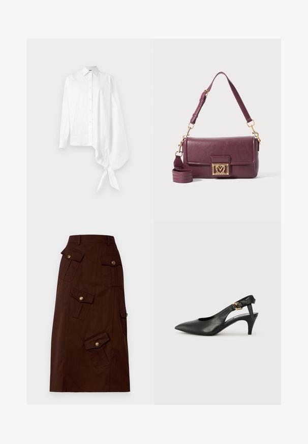 Weißes Langarmhemd mit Knopfleiste, das einen asymmetrischen, übergroßen, gerafften Ärmel aufweist, der am Handgelenk auf der rechten Seite gebunden ist.; Brauner knielanger Rock aus Baumwolle mit mehreren Klappentaschen, die mit goldenen Knöpfen verziert sind, und einem taillierten Bund. Glatte Textur.; Schwarze Leder Slingback-Pumpe mit spitzem Absatz, kleinem Absatz und einer Schnalle am Knöchelriemen. Glatte Textur, minimalistisches Design.; Dunkellila Schultertasche aus Leder mit goldenem herzförmigem Verschluss und verstellbarem oberen Tragegurt auf weißem Hintergrund.