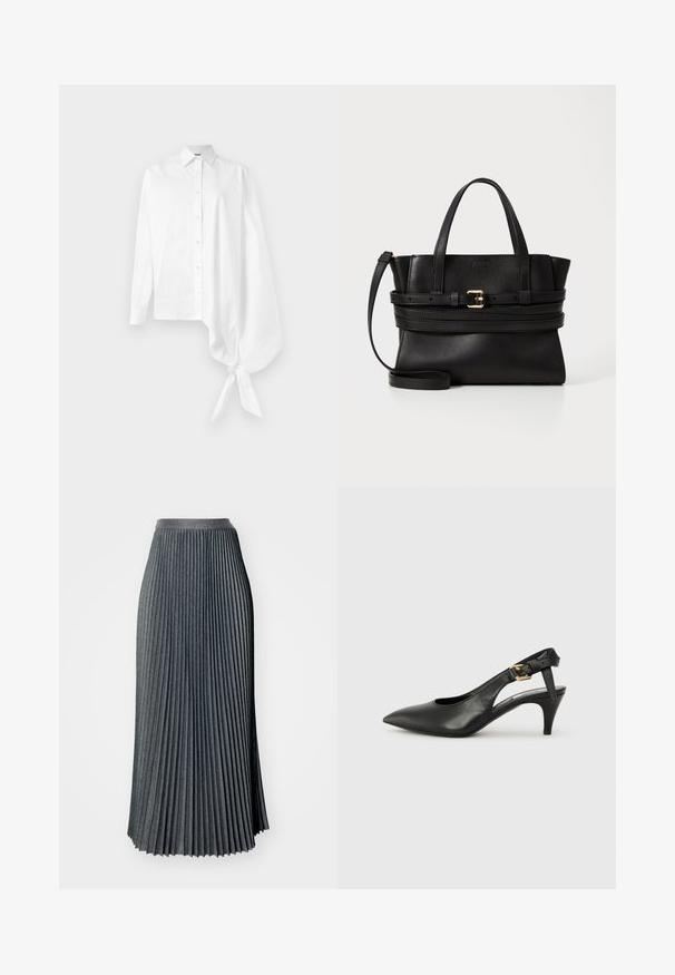 Cămașă albă cu mânecă lungă, cu nasturi, având o mânecă asimetrică supradimensionată, adunată și legată la încheietura mâinii pe partea dreaptă.; Fustă maxi pliată de culoare gri închis, dintr-un material texturat, cu un talie lată, având pliuri verticale adânci pe toată lungimea.; Pantofii slingback din piele neagră, cu vârf ascuțit, toc mic și detaliu cu cataramă pe brățara gleznei. Textură netedă, design minimalist.; Geantă de mână din piele neagră cu un design structurat, mânere superioare duale, curea detașabilă și accente din aur pe o bandă orizontală.