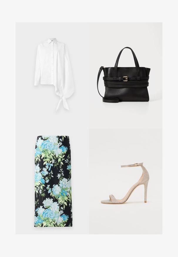 Fehér, hosszú ujjú gombos ing, aszimmetrikus, túlméretezett, ráncolt ujjal, amely a jobb oldalon a csuklónál van megkötve.; Fekete szövetből készült virágos ceruzaszoknya, amelyen nagy kék és zöld hortenzia, valamint kis fehér virágok találhatók, világoskék masnival kiemelve.; Fém rózsaarany színű, pántos magassarkú szandál, texturált felsőrésszel, nyitott orral és arany csattal díszített bokapánttal.; Fekete bőr kézitáska strukturált dizájnnal, párhuzamos felső fogantyúkkal, levehető pánttal és arany csat díszítéssel egy vízszintes sávon.