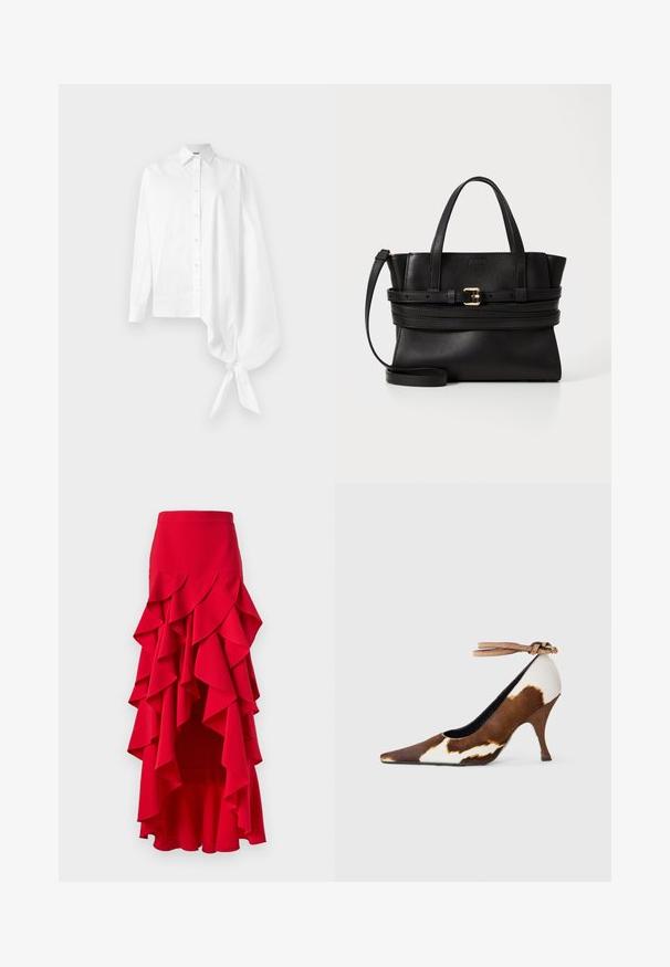 Balta garā piedurkne krekls ar pogu, ar asimetrisku pārspīlētu gathered piedurkni, kas sasieta ap plaukstu labajā pusē.; Sarkans kroku svārks ar augstu-zemu apakšmalu. Tam ir kārtainie kroki ap vidukli un sāniem, izgatavots no gludas auduma. Ar elastīgu jostu.; Brūna un balta govs raksta augstpapēžu kurpe ar smailu purngalu, strukturētu virsmu un potītes siksniņu ar gaiši brūnu sprādzi.; Melna ādas rokassoma ar strukturētu dizainu, divām augšējām rokturiem, noņemamu siksnu un zelta sprādzi, kas akcentē horizontālo joslu.