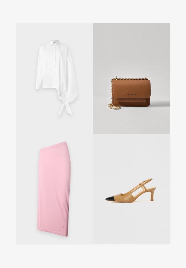 Biela dlhá košeľa s gombíkmi a asymetrickým prehnutým rukávom s prehnaním na pravej strane, zviazaná na zápästí.; Ružová sukňa po kolená vyrobená z hladkej látky, s jednoduchým dizajnom, skrytým pásom a malým logom na leme.; Béžové lodičky so slingback remienkom, špičkou v čiernej farbe s výrezmi na bokoch a stredne vysokým robustným podpätkom. Vyrobené z hladkej kože.; Hnedá textúrovaná kožená taška cez telo s zlatým reťazovým popruhom a preklopným uzáverom. Predná strana obsahuje detail s logom a vrecko pod preklopkou.