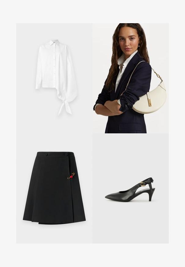 Cămașă albă cu mânecă lungă, cu nasturi, având o mânecă asimetrică supradimensionată, adunată și legată la încheietura mâinii pe partea dreaptă.; Fustă neagră cu un design evazat, având două nasturi în față și un accent auriu cu un detaliu în formă de inimă roșie pe lateral. Textură de material neted.; Pantofii slingback din piele neagră, cu vârf ascuțit, toc mic și detaliu cu cataramă pe brățara gleznei. Textură netedă, design minimalist.; Geantă din piele albă cu o formă curbată, dotată cu accente aurii și o finisare texturată, purtată peste un sacou închis la culoare și o cămașă albă.