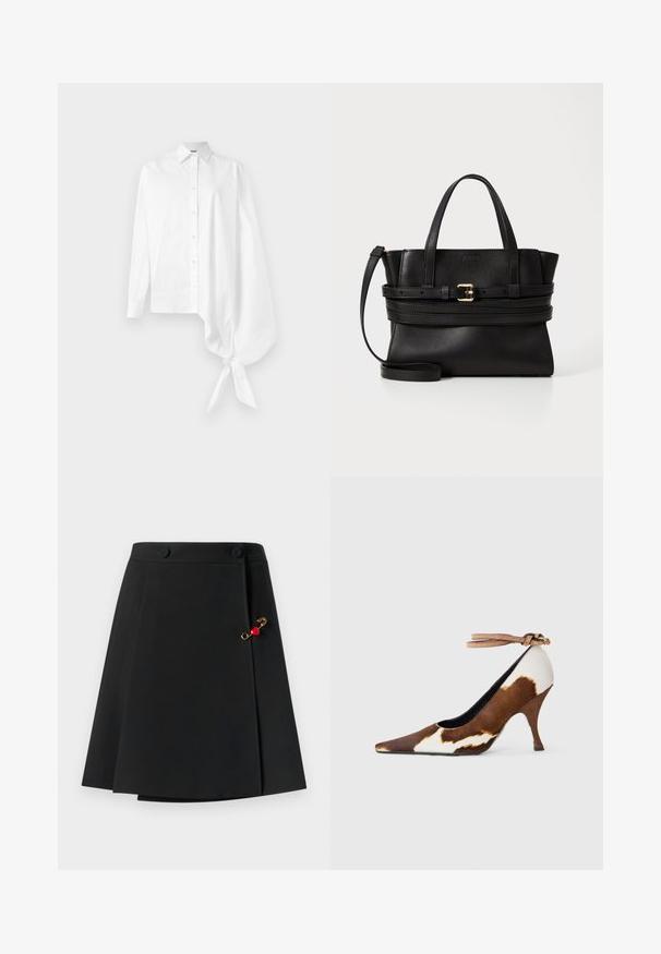 Witte lange mouw knoopshirt met een asymmetrische oversized geplooide mouw, vastgebonden bij de pols aan de rechterkant.; Zwarte rok met een uitlopende ontwerp, voorzien van twee knopen aan de voorkant en een gouden accent met een rood hartdetail aan de zijkant. Glad stoftextuur.; Bruine en witte koeienprint hoge hak schoen met een spitse neus, een gestructureerd oppervlak, en een enkelbandje met een lichtbruine gesp.; Zwarte leren handtas met gestructureerd ontwerp, dubbele handvatten bovenaan, afneembare schouderband en gouden gespaccent op een horizontale band.