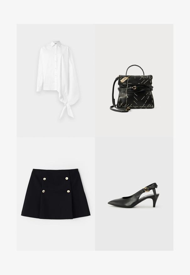 Hvid langærmet skjorte med knapper og en asymmetrisk oversized samlede ærme, der er bundet om håndleddet på højre side.; Sort mini nederdel lavet af fleksibelt stof, med to guldknapper foran, plisseret design og lige kant.; Sorte læderslingback pumps med spids tå, lille hæl og en spænde detalje på ankelremmen. Glat tekstur, minimalistisk design.; Sort læderhåndtaske med geometrisk hvid syning, en top-håndtag og en aftagelig skulderrem. Har guld accenter og lynlås lukning.