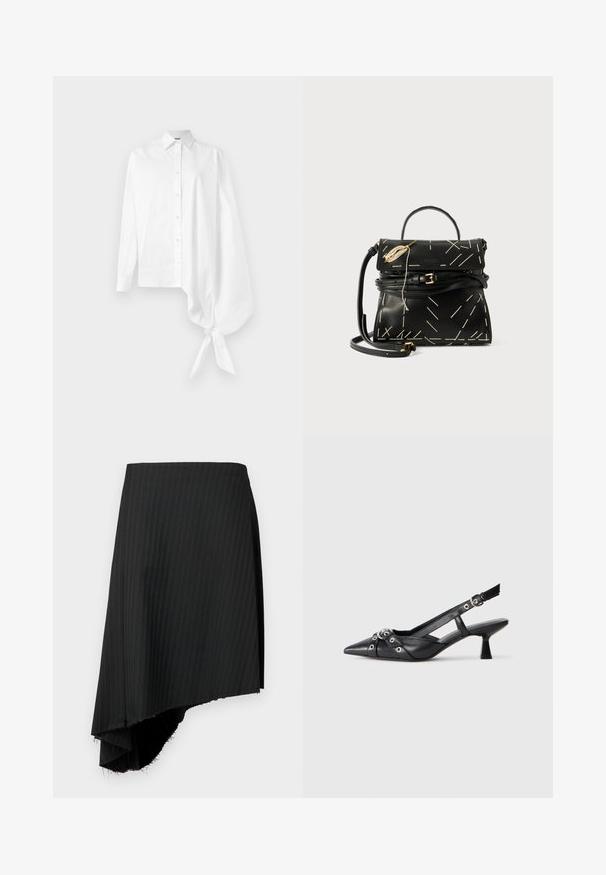 Fehér, hosszú ujjú gombos ing, aszimmetrikus, túlméretezett, ráncolt ujjal, amely a jobb oldalon a csuklónál van megkötve.; Fekete csíkos szoknya aszimmetrikus szegéllyel, nyers szélekkel. Könnyű anyagból készült, sima textúrával.; Fekete bőr slingback cipő hegyes orral, dekoratív pántokkal, fém szemekkel és alacsony blokk sarkú. Texturált felület.; Fekete bőr kézitáska geometriai fehér varrással, felső fogantyúval és levehető vállpánttal. Arany kiegészítők és cipzáras záródás jellemzi.