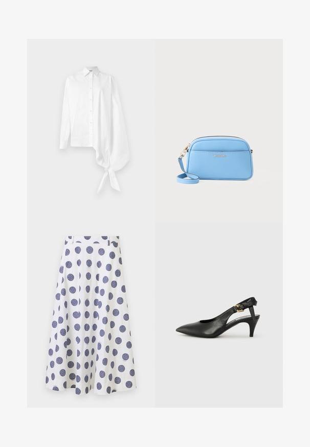 Chemise blanche à manches longues et à boutons, avec une manche oversized asymétrique et froncée nouée au poignet du côté droit.; Une jupe blanche jusqu'au genou avec un design évasé, ornée de grands pois bleu marine. Elle a une texture lisse et des détails plissés.; Chaussure à talon slingback en cuir noir avec un bout pointu, un petit talon et un détail de boucle sur la bride de cheville. Texture lisse, design minimaliste.; Sac en cuir bleu clair porté travers avec des accessoires en métal doré, fermeture éclair et une poche avant. Il dispose d'une bandoulière réglable pour plus de commodité.