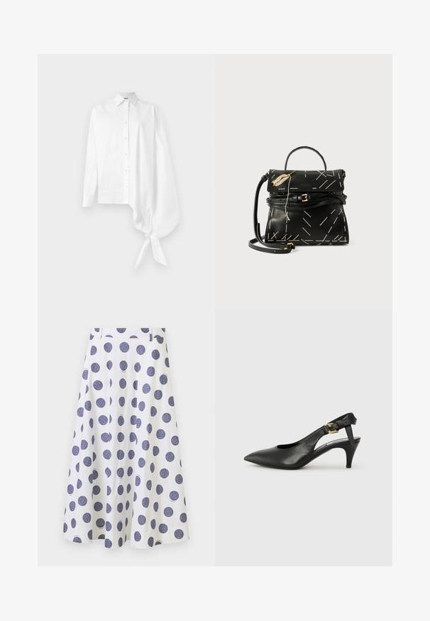 Chemise blanche à manches longues et à boutons, avec une manche oversized asymétrique et froncée nouée au poignet du côté droit.; Une jupe blanche jusqu'au genou avec un design évasé, ornée de grands pois bleu marine. Elle a une texture lisse et des détails plissés.; Chaussure à talon slingback en cuir noir avec un bout pointu, un petit talon et un détail de boucle sur la bride de cheville. Texture lisse, design minimaliste.; Sac à main en cuir noir avec des coutures géométriques blanches, une poignée supérieure et une bandoulière amovible. Présente des accents dorés et une fermeture éclair.