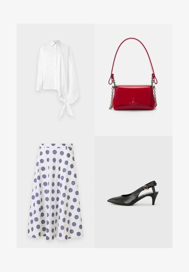 Chemise blanche à manches longues et à boutons, avec une manche oversized asymétrique et froncée nouée au poignet du côté droit.; Une jupe blanche jusqu'au genou avec un design évasé, ornée de grands pois bleu marine. Elle a une texture lisse et des détails plissés.; Chaussure à talon slingback en cuir noir avec un bout pointu, un petit talon et un détail de boucle sur la bride de cheville. Texture lisse, design minimaliste.; Sac à main en cuir verni rouge avec des accents en chaîne argentée, une courte poignée et un emblème décoratif à l'avant. Forme rectangulaire compacte.
