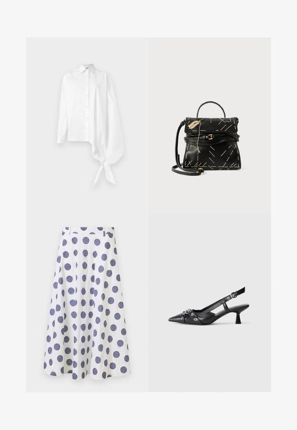 Cămașă albă cu mânecă lungă, cu nasturi, având o mânecă asimetrică supradimensionată, adunată și legată la încheietura mâinii pe partea dreaptă.; O fustă albă până la genunchi, cu un design evazat, având buline mari de culoare albastru marin. Are o textură netedă și detalii pliate.; Pantofii slingback din piele neagră, cu vârful ascuțit, curele decorative cu ochiuri din metal și toc bloc mic. Suprafață texturată.; Geantă de mână din piele neagră, cu cusături albe geometrice, un mâner de sus și o curea de umăr detașabilă. Prezintă accente aurii și închidere cu fermoar.