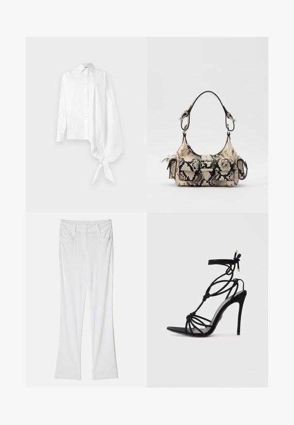 Bijela košulja dugih rukava s gumbima, s asimetričnom oversized rukavom koji je skupljen i vezan oko zapešća s desne strane.; Bijele trapezne hlače s glatkom tkaninom, s dva prednja džepa i šivanjem na struku za prilagođeni izgled.; Crne stiletto sandale s dizajnom čvora na remenima, otvorenim prstima i tankim potpeticama. Glatka tekstura s zlatnim detaljima na trakama.; Pythonprint torbica u bež i crnoj boji, s naglašenim oblikom, detaljem kopče i dvostrukim naramenicama. Teksturirana površina.