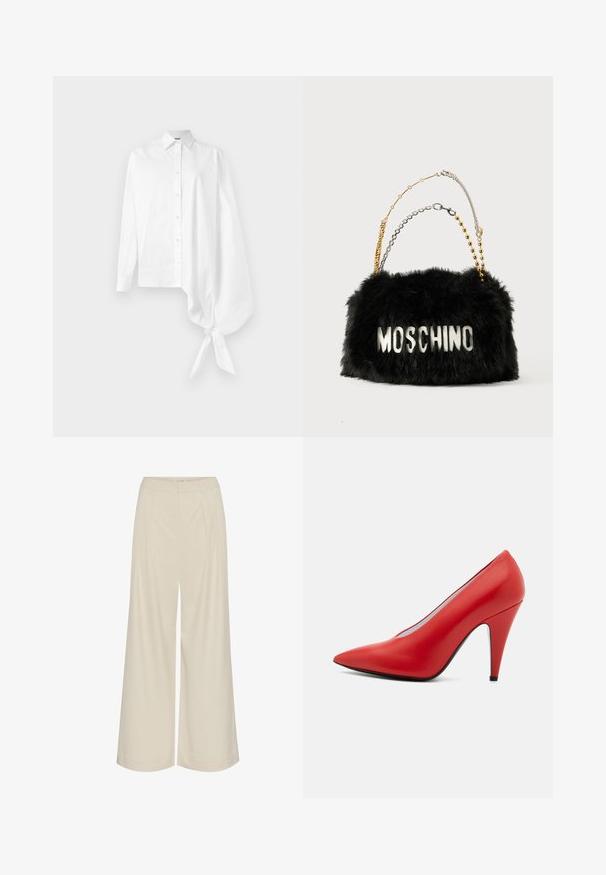 White long-sleeve button-up shirt with an asymmetric oversized gathered sleeve tied at the wrist on the right side.; Wide-leg trousers in a light beige fabric, featuring pleats, a high waist, and a smooth texture with no visible embellishments.; Red leather high-heeled pump with a pointed toe, sleek silhouette, smooth texture, and a thin black sole. Stiletto heel design.; Black faux fur handbag with gold and silver chain straps. Features "MOSCHINO" logo in white on the front. Soft texture and rectangular shape.