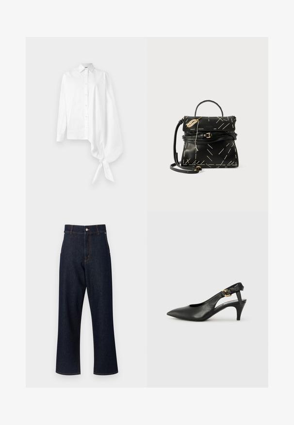 Bela dolga srajca sButtons s asimetrično oversized zbrano rokavom, vezanim na zapestju na desni strani.; Temno modri traper hlače z visokim pasom, naravnim krojem s ravnými nogami, detajli v oranžni barvi in gumbom za zapiranje. Sprednji žepi niso vidni.; Črne usnjene slingback pumpe z usnjatim vrhom, majhnim peto in sponko na trakcu okoli gležnja. Gladka tekstura, minimalistična zasnova.; Črna usnjena torbica z geometrskim belim šivom, zgornjim ročajem in snemljivim naramnim trakom. Ima zlatne dodatke in zadrgo.