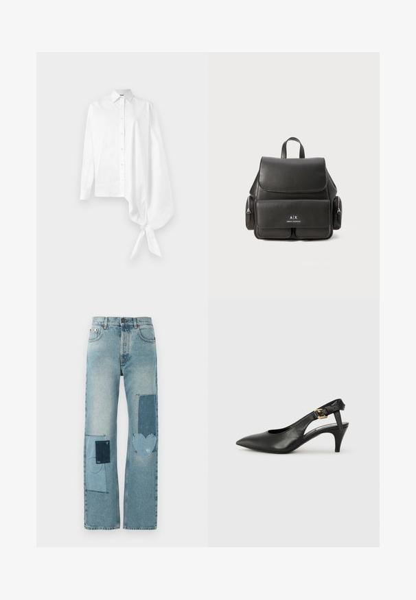 Valge pikakätiline nööpidega särk, millel on asümmeetriline, ülevõetud varrukas, sidunud paremal küljel randme ümber.; Heledudega teksapüksid sirge jala lõikega. Omavad mitmeid kontrastseid plaastreid, sealhulgas südamekujulist ning süsteemseid õmbluse detaili.; Must musträkkidega must nahast slingback-kontsaking, millel on terav nina, väike konts ja pandla detail pahkluu rihmal. Sile tekstuur, minimalistlik disain.; Must must nahk Seljakott klapi sulgemisega, esikoti, külgsete tõmblukkudega sektsioonide ja ülemise käepidemega. Esiküljel on logo detailid.