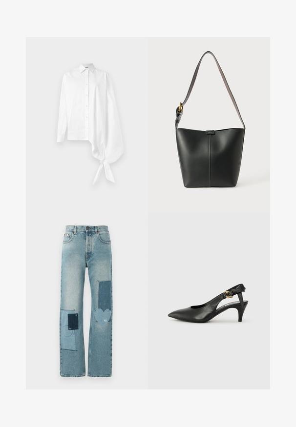 Bijela košulja dugih rukava s gumbima, s asimetričnom oversized rukavom koji je skupljen i vezan oko zapešća s desne strane.; Svjetloplave traperice ravnog kroja. Sadrže više kontrastnih zakrpa, uključujući oblik srca i sustavne detalje šivanja.; Crna kožna slingback cipela s uskim prstom, malim potpeticom i kopčom na remenu oko članka. Glatka tekstura, minimalistički dizajn.; Crna kožna torba za rame s glatkom teksturom, zakrivljenim oblikom i jednim podešivim remenom koji ima zlatne metalne detalje i brendirani akcent.