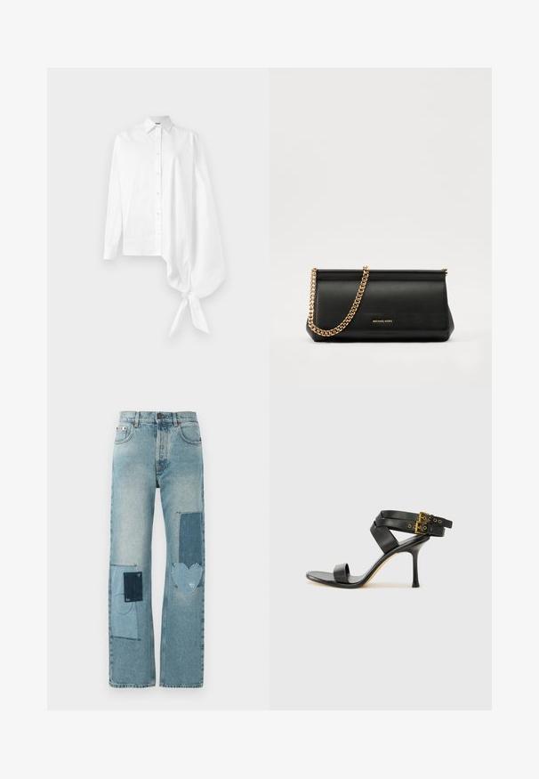 Bijela košulja dugih rukava s gumbima, s asimetričnom oversized rukavom koji je skupljen i vezan oko zapešća s desne strane.; Svjetloplave traperice ravnog kroja. Sadrže više kontrastnih zakrpa, uključujući oblik srca i sustavne detalje šivanja.; Crne sandale s petom sa preklapanim trakama i podesivim kopčanjem. Imaju glatku teksturu i suženi stiletto potplat.; Crna kožna torbica sa zlatnim lančićem, koja se odlikuje glatkom teksturom, pravokutnim oblikom i utisnutim brendom na prednjoj strani.