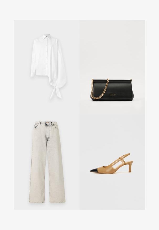 White long-sleeve button-up shirt with an asymmetric oversized gathered sleeve tied at the wrist on the right side.; Wide-leg jeans in a light beige color with faded, distressed accents. Features five pockets and a metal button closure at the waist.; Tan slingback heels with a pointed black toe cap, featuring cut-out sides and a mid-height block heel. Smooth leather material.; Black leather clutch bag with a gold chain strap, featuring a smooth texture, rectangular shape, and embossed branding on the front.