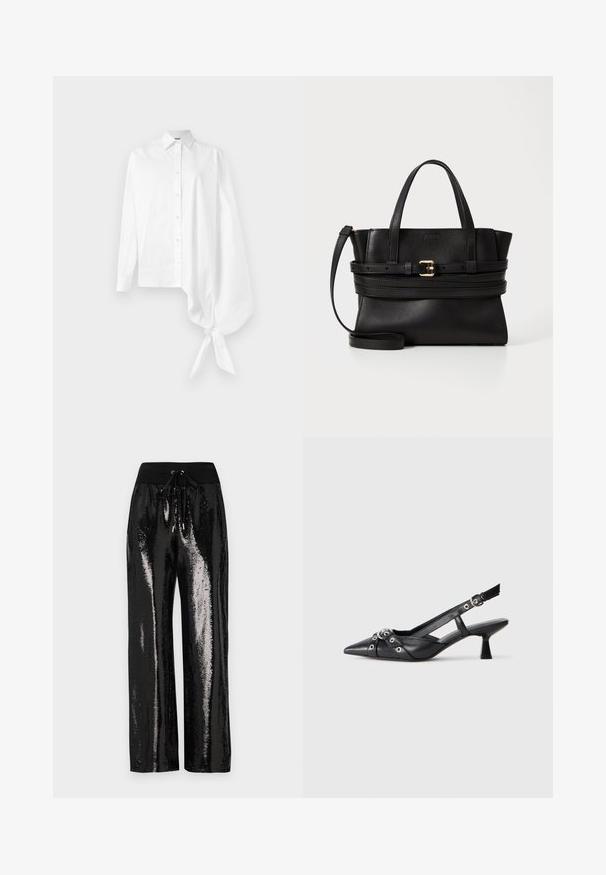 Vit långärmad skjorta med knappar och en asymmetrisk oversized sammanknuten ärm vid handleden på höger sida.; Svarta paljettbyxor med vida ben och elastisk midja med dragsko. Tyget har en reflekterande, glansig textur.; Svart lädersko med slingback-design, spetsig tå, dekorativa remmar med metallöglor och en låg klack. Texturerad yta.; Svart läderhandväska med strukturerad design, dubbla handtag på toppen, avtagbar rem och guldspänne som accent på en horisontell rem.