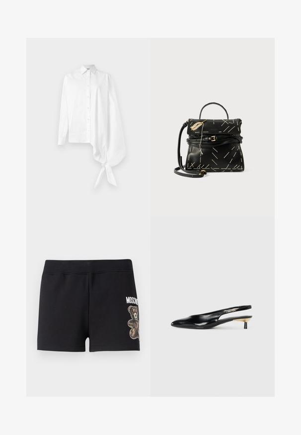 White long-sleeve button-up shirt with an asymmetric oversized gathered sleeve tied at the wrist on the right side.; Black cotton shorts with a soft texture, featuring a teddy bear graphic and the word "Moschino" in white on the side.; Black slingback pump with a pointed toe, glossy leather finish, and a small heel with a gold accent. Sleek design with a open back.; Black leather handbag with geometric white stitching, a top handle, and a detachable shoulder strap. Features gold accents and a zip closure.