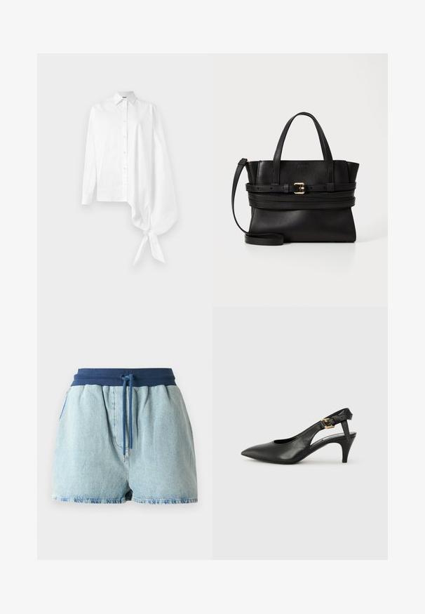 Balta garā piedurkne krekls ar pogu, ar asimetrisku pārspīlētu gathered piedurkni, kas sasieta ap plaukstu labajā pusē.; Gaiši zili džinsu šorti ar elastīgu tumši zilu jostu. Iespējams, ka tie ir ar šņorēm ar sudraba metāla galiem un brīvu piegriezumu.; Melnas ādas siksnu pumpas ar norādītu pirkstu, nelielu papēdi un sprādzes detaļu uz potītes siksnas. Gluda tekstūra, minimalistisks dizains.; Melna ādas rokassoma ar strukturētu dizainu, divām augšējām rokturiem, noņemamu siksnu un zelta sprādzi, kas akcentē horizontālo joslu.