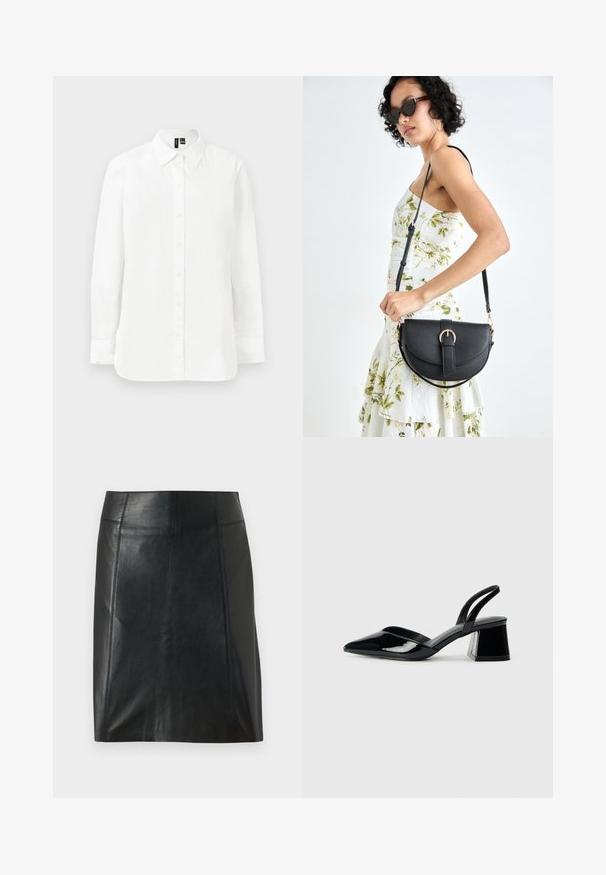 Fehér, hosszú ujjú ing, gombos elülső résszel, egyetlen mellzsebbel, klasszikus gallérral és enyhén megnyújtott szabással. Simas texture.; Fekete bőr szoknya testhezálló szabással. Sima textúra, varratok, amelyek körvonalazzák a formát, és egyenes szegély. Minimalista és karcsú megjelenés.; Fekete lakk bőr szandálkés magas sarkú cipő, hegyes orral és geometrikus tömbsarkakkal. Karcsú, minimalista dizájn és sima textúra jellemzi.; Fekete bőrtáska ívelt formával, levehető pánttal és arany színű fémrészekkel. A táskán egy csattal díszített fedél található.