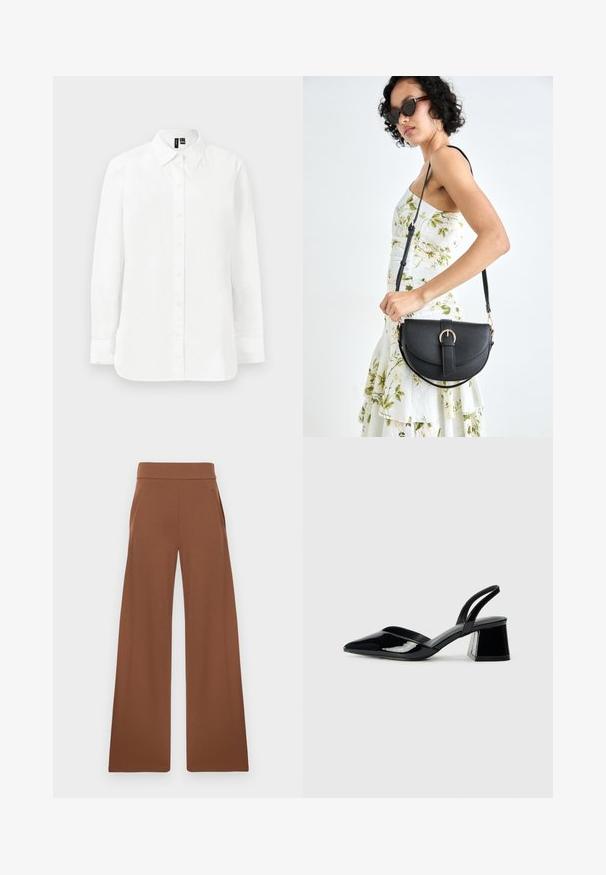 Camisa blanca de manga larga con botones en la parte delantera, un bolsillo en el pecho, cuello clásico y un corte ligeramente alargado. Textura suave.; Pantalones de pierna ancha marrones con una tela suave y elástica. Cuentan con una cinturilla alta y bolsillos laterales, diseñados para un ajuste relajado.; Zapatos de tacón slingback de charol negro con punta afilada y tacón geométrico en bloque. Presentan un diseño elegante y minimalista, así como una textura suave.; Bolso de piel negra con forma curva, correa desmontable y herrajes dorados. El bolso cuenta con una solapa con un detalle de hebilla.