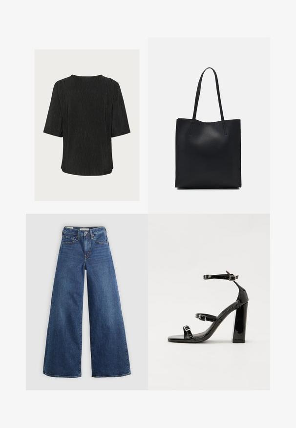 Top scurt negru cu maneci scurte, cu o textură șifonată, guler rotund și o croială lejeră. Partea din spate este simplă, cu detalii subtile.; Jeans din denim albastru cu picioare largi, cinci buzunare, sistem de închidere cu nasture și cusături în contrast, având o finisare moale și texturată.; Sandale negre din piele lacuită, cu toc înalt, două curele cu catarame, vârf pătrat și toc gros, având o textură netedă și lucioasă.; Geantă tote neagră din piele, cu textură netedă, formă rectangulară și două mânere lungi. Fără hardware vizibil sau ornamente.