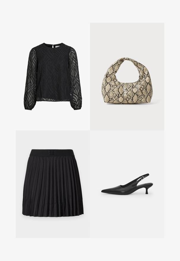 Černá blůza se dlouhými průsvitnými rukávy, texturovaným listovým vzorem, kulatým výstřihem a malým klíčovým otvorem na zadní straně.; Černá skládací sukně s hladkou texturou, vybavená pevným černým pasem a vyraženým detailem loga vpředu.; Černá kožená nazouvací bota se špičatou špičkou a štíhlým zakřiveným podpatkem. Obsahuje diskrétní nastavitelný pásek s kovovou sponou.; Kabelka s hadím vzorem a zakřiveným držadlem. Vyrobena z texturovaných béžových a hnědých materiálů, s charakteristickým diamantovým vzorem.